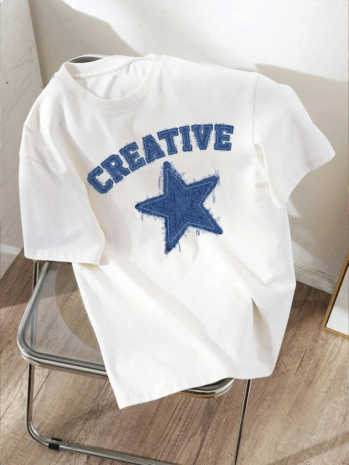 Fashion Five Pointed Star Pattern Cotton Tshirt Summer Round Neck Short Sleeve ForWomen Casual Korean Solid Color Streetwear Top