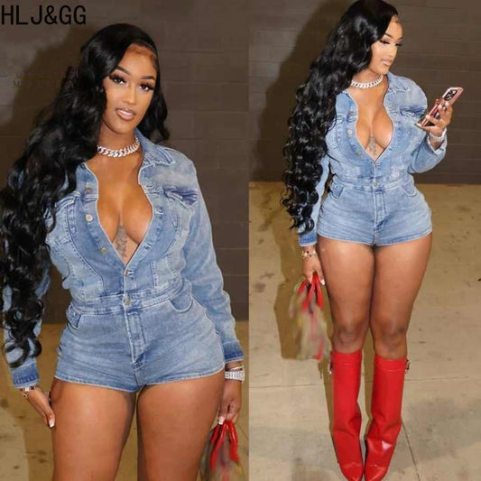 HLJ&GG Blue Fashion Pocket jeans Bodycon Rompers Women V Neck Long Sleeve Slim Cowboy One Piece Jumpsuits Sexy Female Overalls