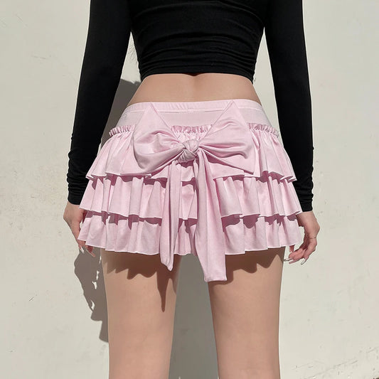 Rockmore Bow Sweet A-Line Skirts Women Sexy Slim Low-Waist Mini Skirts Y2K Female Summer Streetwear Pink Pleated Skirts Coqutte