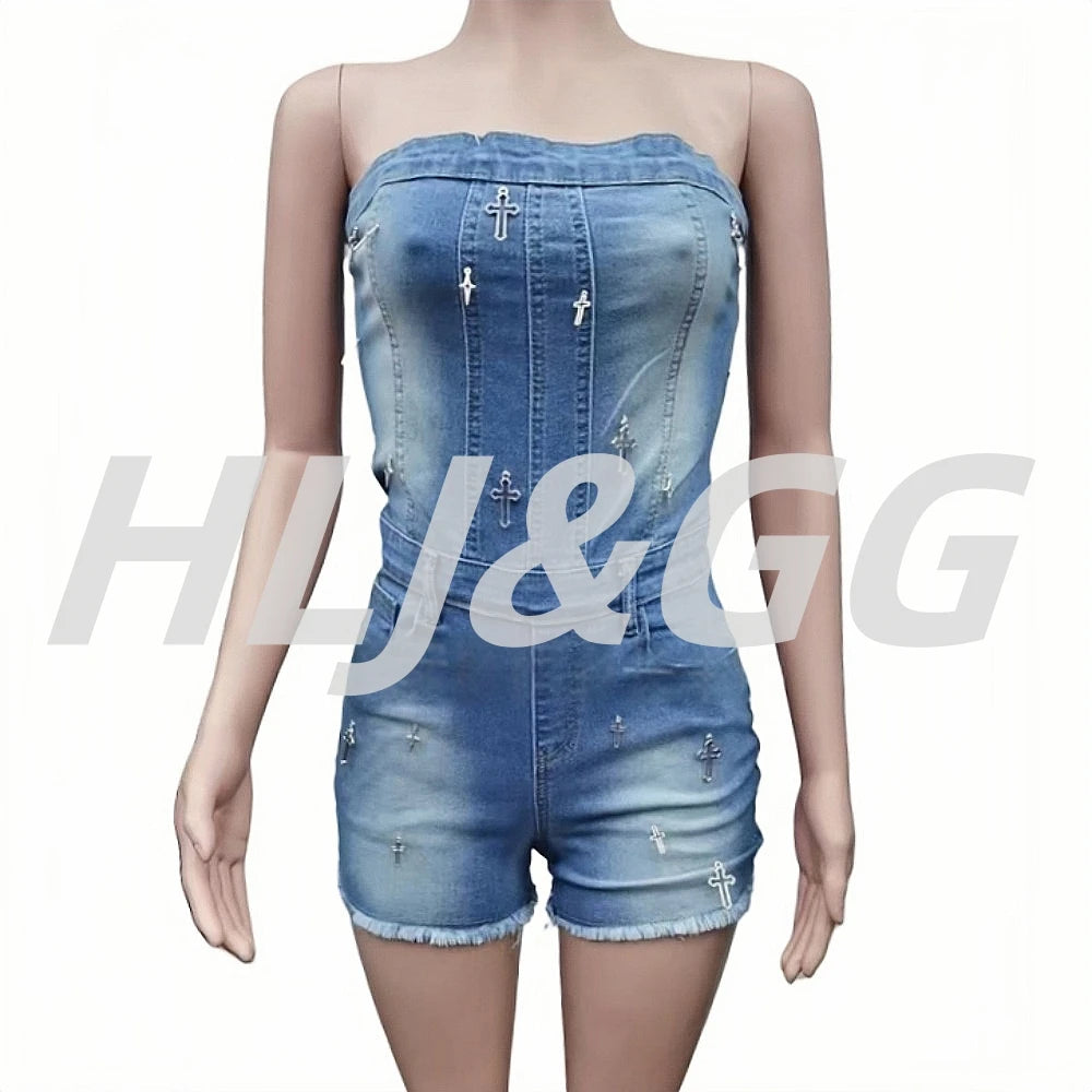 HLJ&GG Blue Fashion jeans Cross Design Bodycon One Piece Rompers Women Off Shoulder Sleeveless Backless Slim Cowboy Jumpsuits