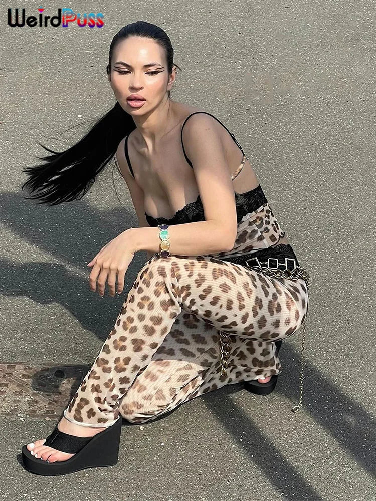 Weird Puss Mesh Patchwork 2 Piece Set Women Sexy Cleavage Sleeveless Crop Tops+Leopard Print Skinny Pants Street Wild Trend Suit