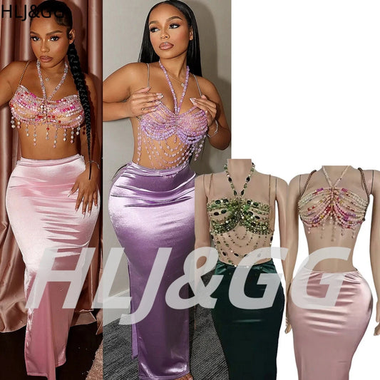 HLJ&GG Sexy Rhinestone Beads Halter Hollow Two Piece Sets Women Sleeveless Backless Top + Satin Skinny Skirts Outfits Streetwear