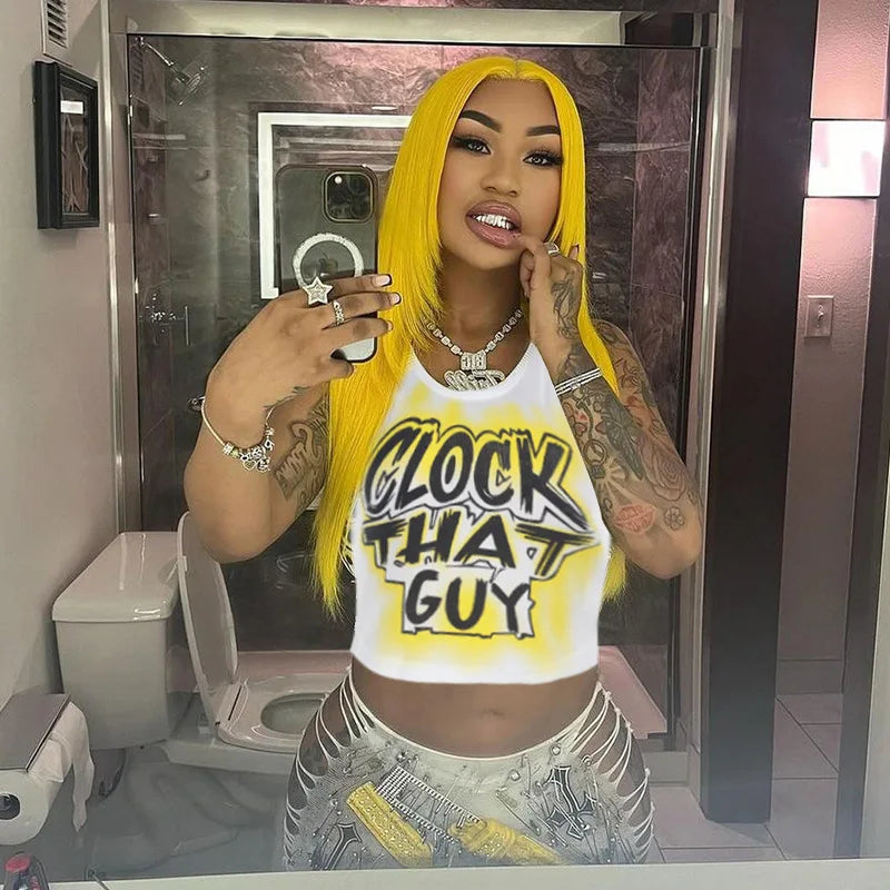 HLJ&GG Y2K Sexy Letter Print Slim Tank Top Women Round Neck Sleeveless Crop Tops Fashion Summer New Trend Clothing Streetwear