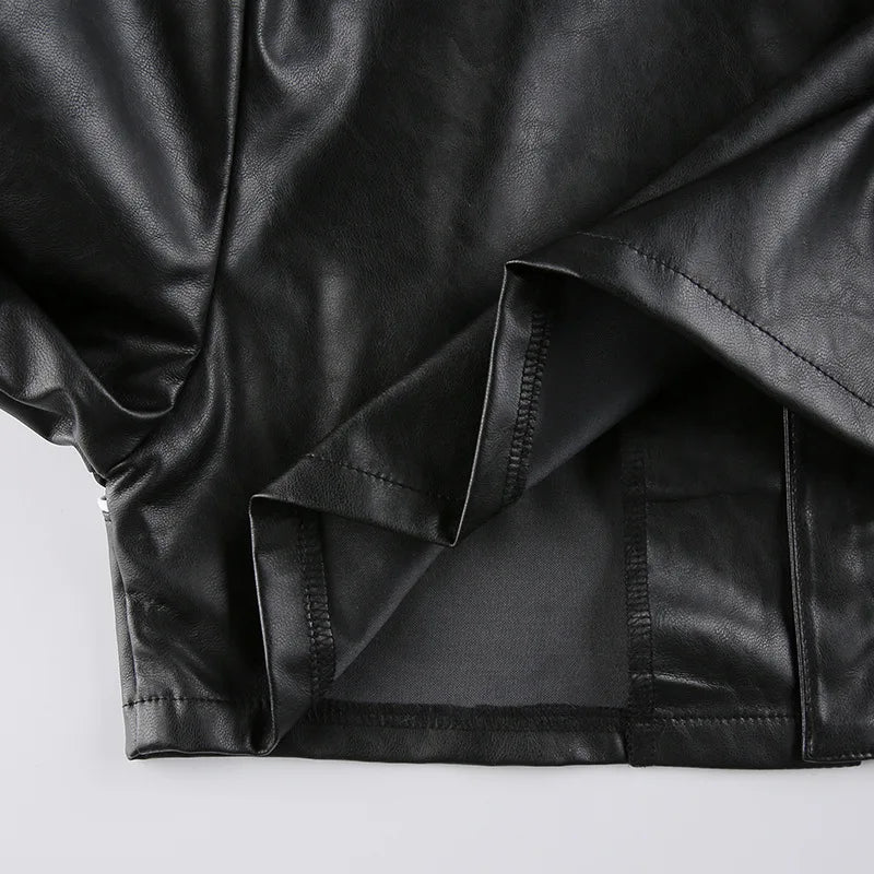 HLJ&GG Black Leather Jacket Fashion Streetwear Women Zip Long Sleeve Crop Top+Tshirts+Sequin Shorts 3 Piece Sets Female Clothing