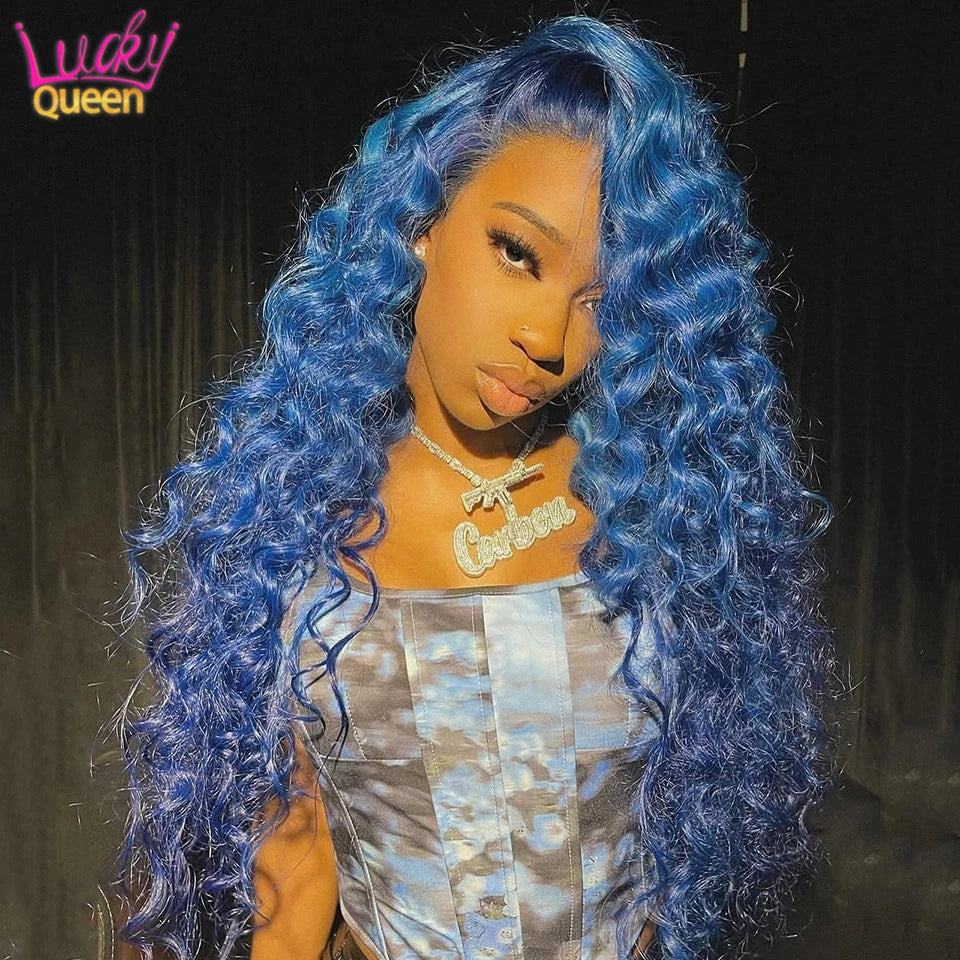 Midnight Blue Loose Wave Brazilian Human Hair Wig Dark Blue Pre Plucked For Women 13X4 180 Density Transparent Lace Frontal 13X6