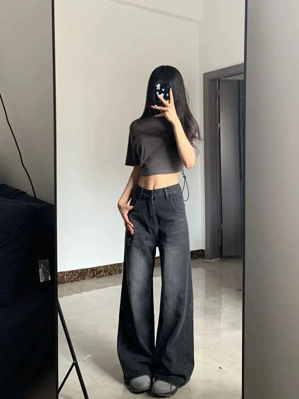 Korean Vintage High Waist ladies Jeans Y2K Slimming Pear-Shaped Loose Straight Bell Bottoms Black Gray Baggy Trousers