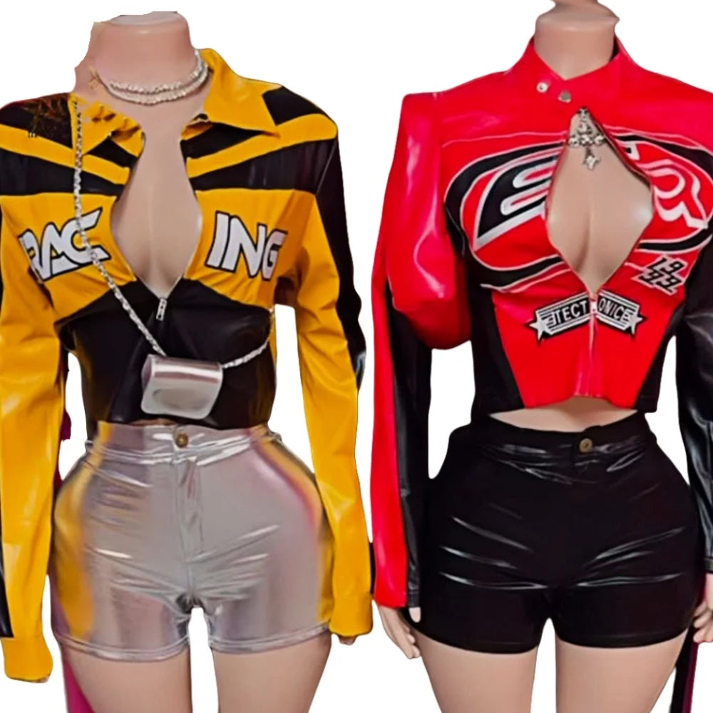 HLJ&GG Trendy Women's Outfits Women Leather Punk Letter Embroidery Crop Jacket And Button Shorts Two Piece Sets Y2K Streetwear