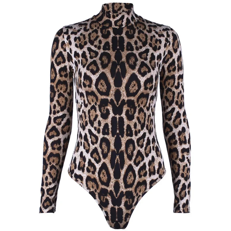 HLJ&GG Sexy Leopard Bodycon Bodysuits Women Turtleneck Long Sleeve Slim Romper Spring New Fashion One Piece Jumpsuit Clubwear