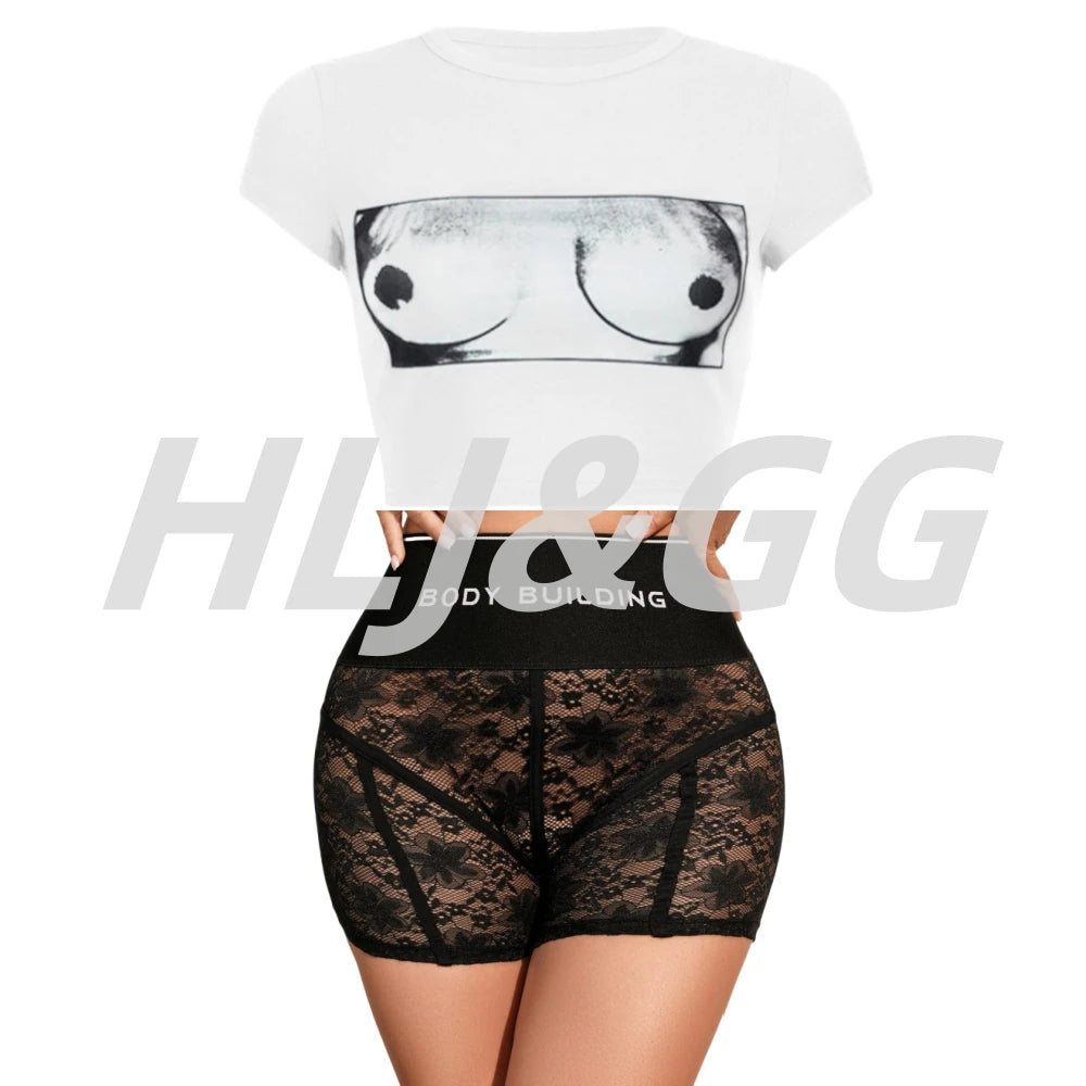 HLJ&GG Trendy Summer New Letter Printing Lace See Though Shorts Two Piece Sets Women Round Neck Slim Crop Top And Shorts Outfits