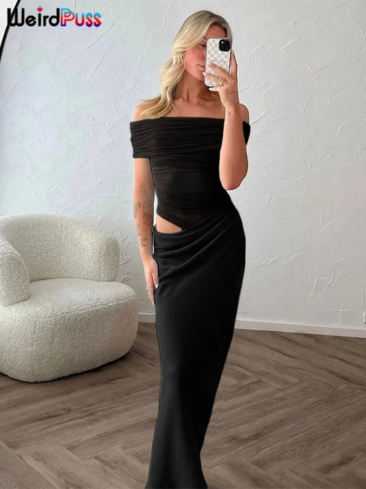 Weird Puss Ruched Irregular Dress Women Mesh Patchwork Slash Neck Short Sleeve Skinny Stretch Trend Elegant Long Bodycon Outfits