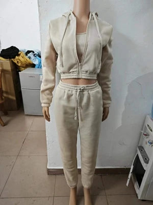 STYLISH LADY Fleece Sporty 3 Piece Set Women Outfits 2025 Spring Crop Top and Drawstring Pant Suits Casual Workout Tracksuits