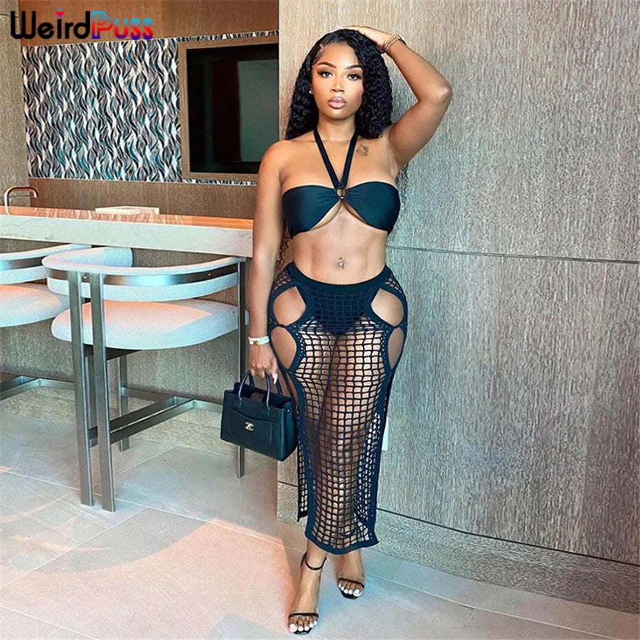 Weird Puss Summer Knit Sexy Long Skirt Women Crochet Elastic See-Through Hollow Out Grid Party Wild Streetwear Solid Bottoms