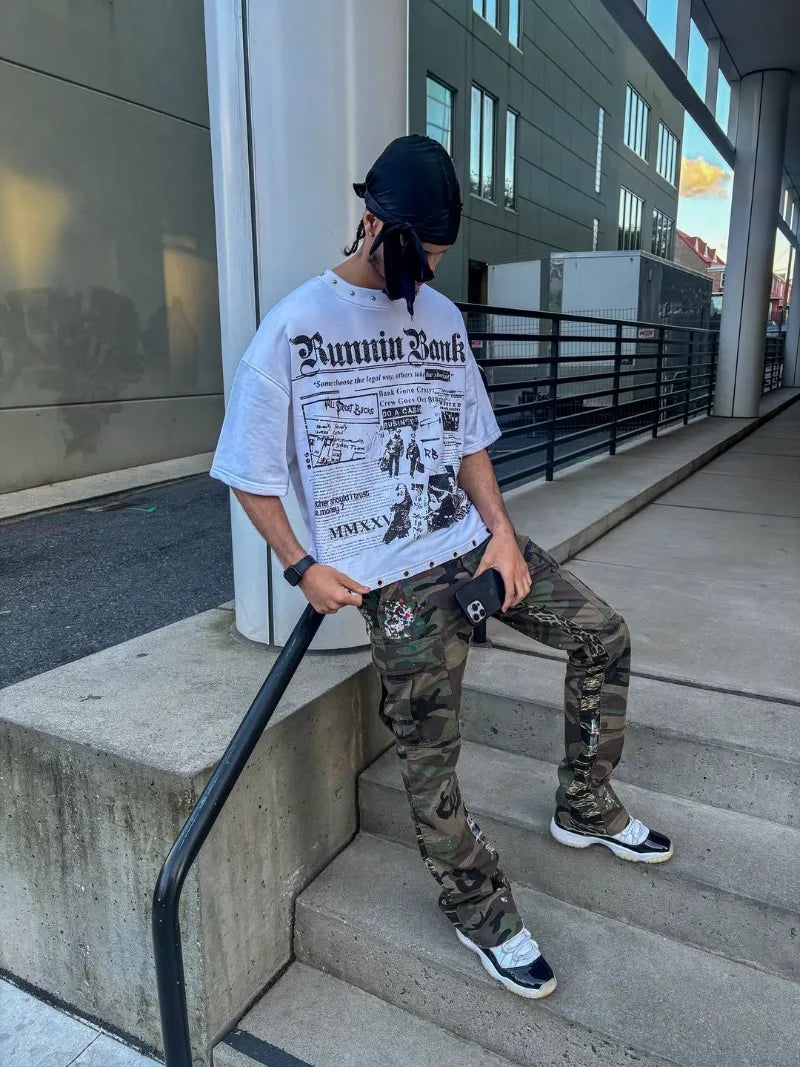 Y2K Harajuku hollowed-out pattern printed fashionable couple T-shirts retro Gothic loose shirts hip-hop trend punk short sleeves