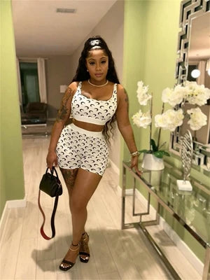 STYLISH LADY Moon Printed 2 Piece Set Women Sleeveless Crop Top and Shorts Suits 2025 Summer Sexy Club Party Fitness Outfits