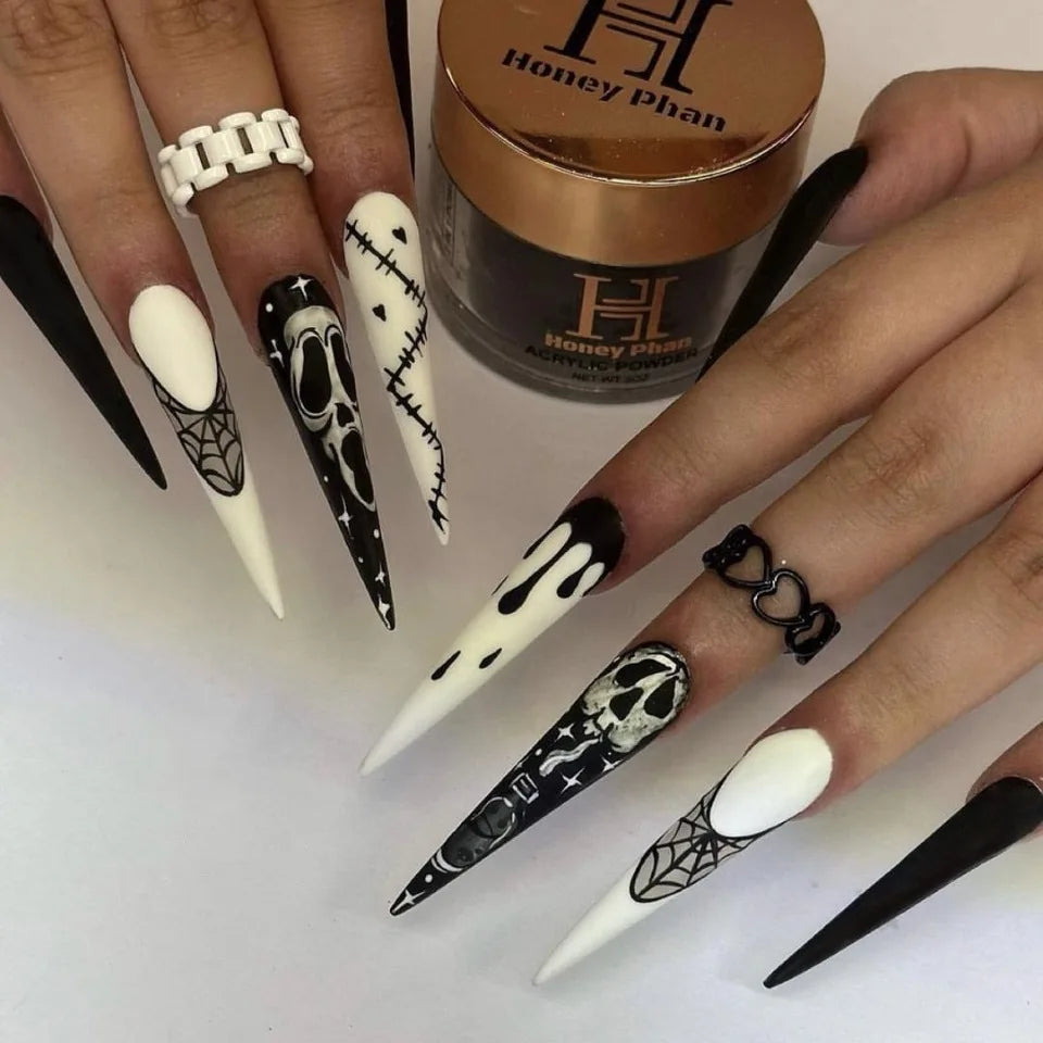 24pcs Glitter Pink Sequins Fake Nails 2025 Halloween Scary Skull Love Print False Nails Wearable European Ballet Press on Nails