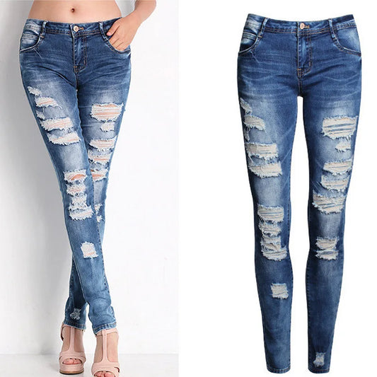 Women Jeans Blue Slim Ripped Jeans for Women Skinny Distressed Washed Stretch Mom Jeans High Waist Pants Femme Bleached