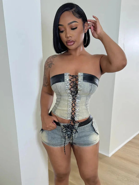 Weird Puss jeans Summer 2 Piece Set Women Leather Edging Vintage Y2K Shirring Strapless Tops+Shorts Hipster Summer Matching Suit