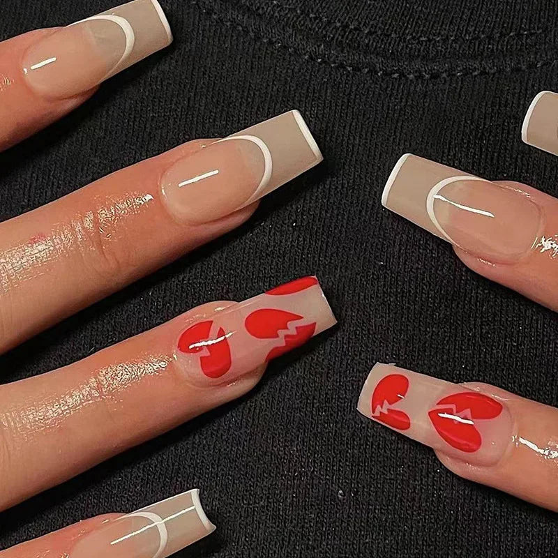 24pcs Long Batte False Nail Pink Lips Love Design Women Fake Nails Sweet Style Press on Nail Tips Valentine's Day Nail Supplies