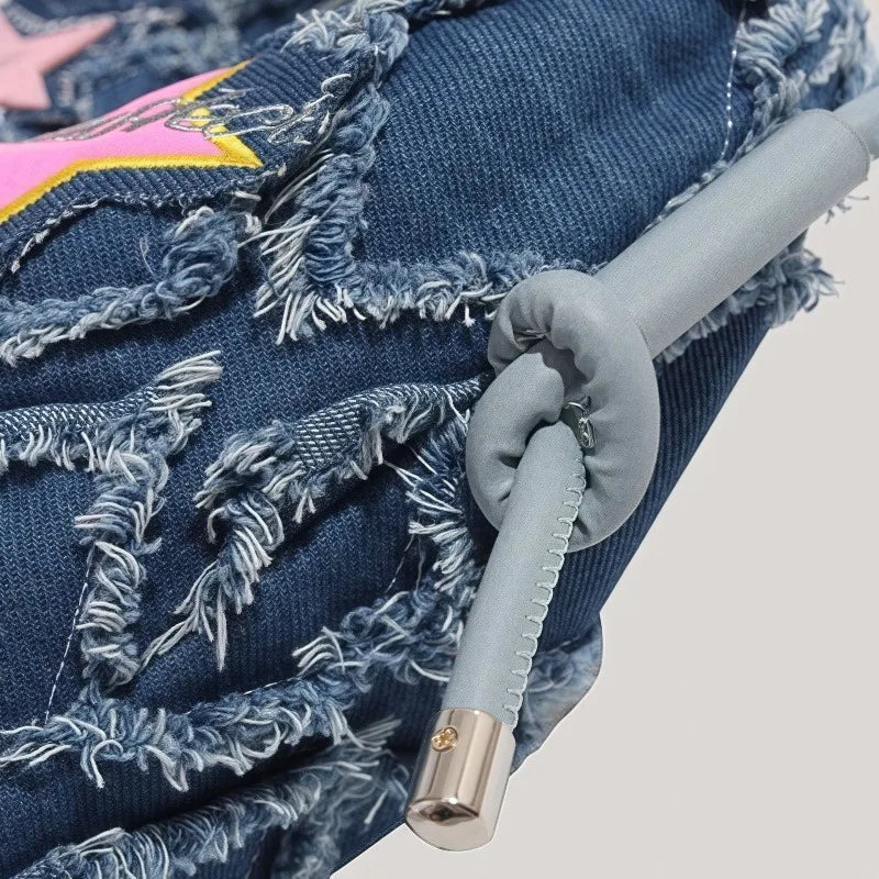 y2k Hot Girl style pink five-pointed star applied-designed fringed jeans crossbody bag A-DH