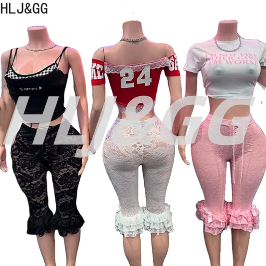 HLJ&GG Y2K Fashion Lace Bandage Hollow Out Two Piece Sets Women Off Shoulder Short Sleeve Slim Crop Top And Ruffle Shorts Outfit