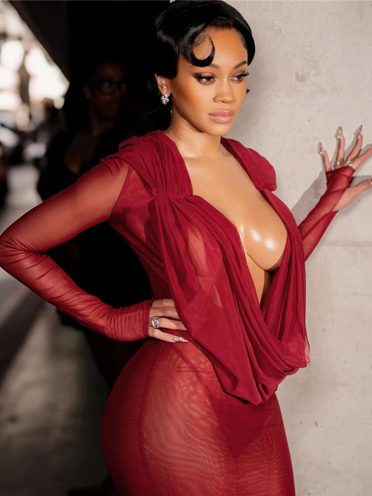 Weird Puss Sexy Thin Mesh Dress Women Deep Swing Collar Ruched Elegant Birthday Prom Party Clubwear Stretch Skinny Maxi Bodycon