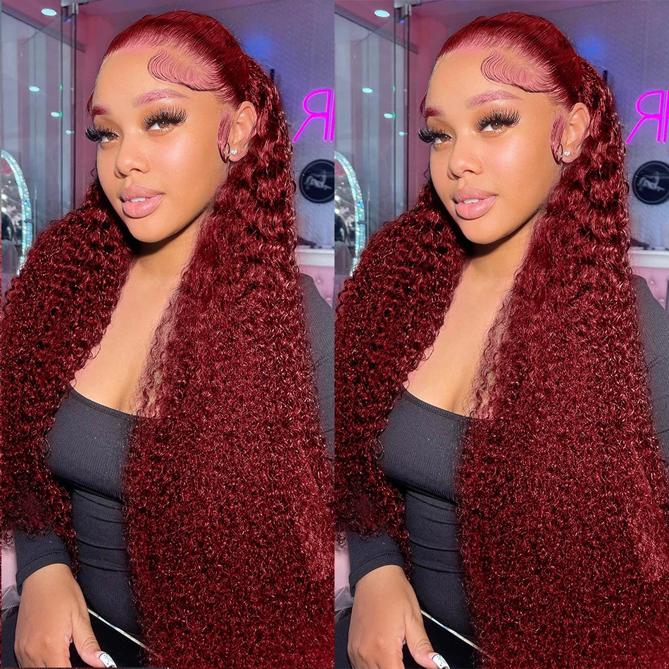 Burgundy Curly 13x6 Hd Lace Frontal Wig Human Hair 100% Brazilian 13x4 Water Deep Wave 99J Red Colored Wig For Women 30 36 Inch