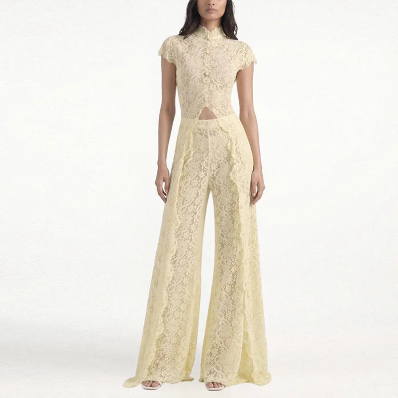 See Through Lace Vest Pant Set Women Beach Sling Tops Pleated Straight Pants 2026 Summer Vacation Hollow Out Lady Suits