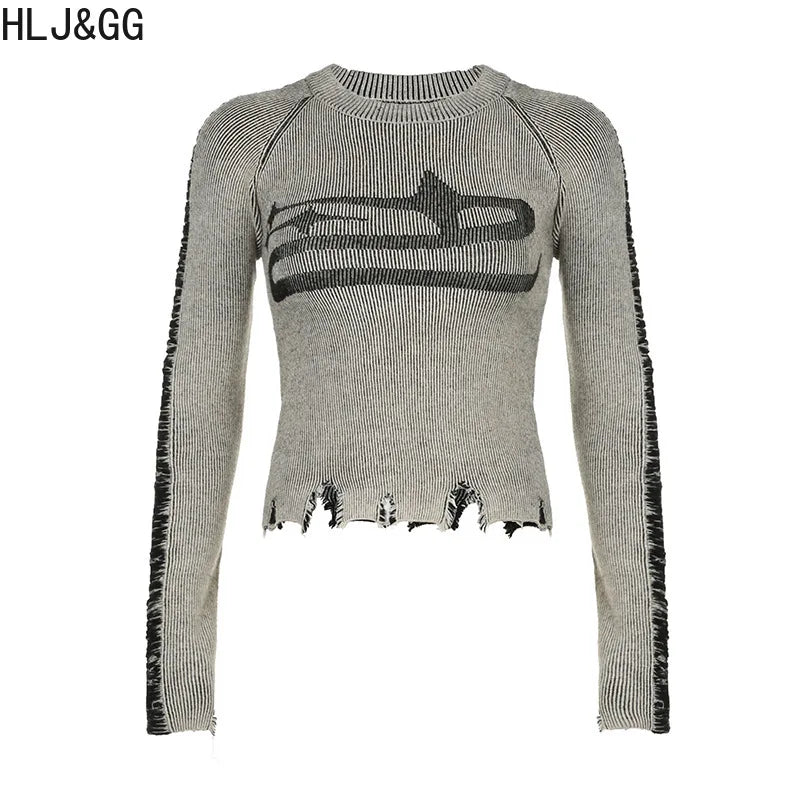 HLJ&GG American Vintage Style Women Knitting Print Long Sleeve Slim Top And Mini Pleated Skirts Outfits Fashion Y2K 2pcs Clothes