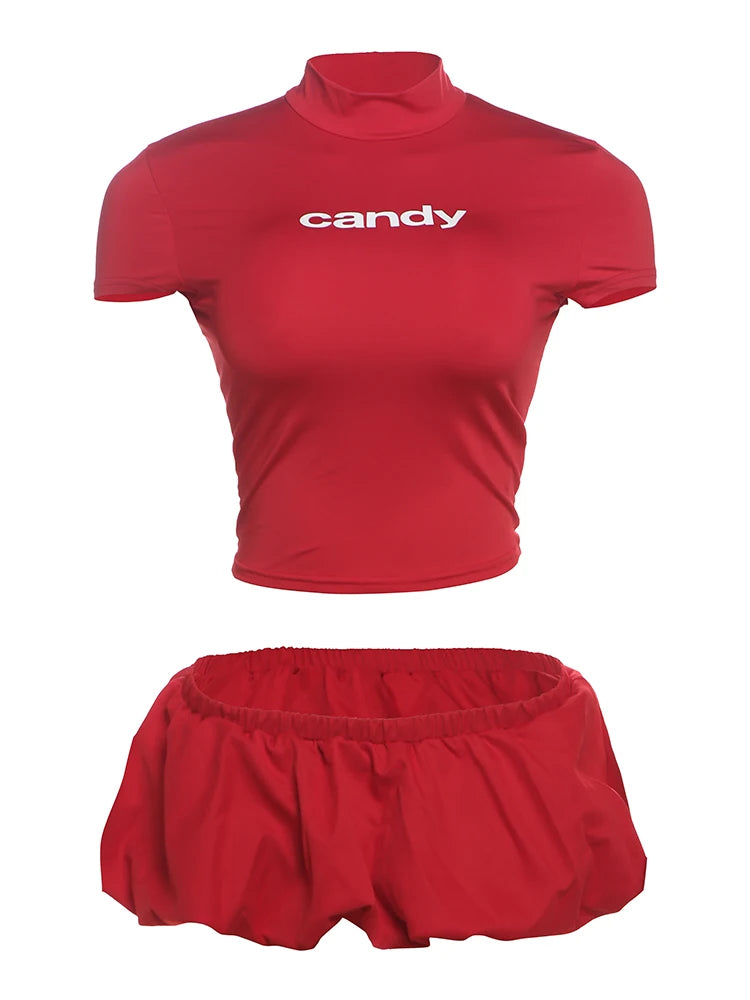 Weird Puss Casual 2 Piece Set Women Letter Print Shorts Sleeve Crop Tops+Puffy Skirt Simple Basic Matching Streetwear Outfits