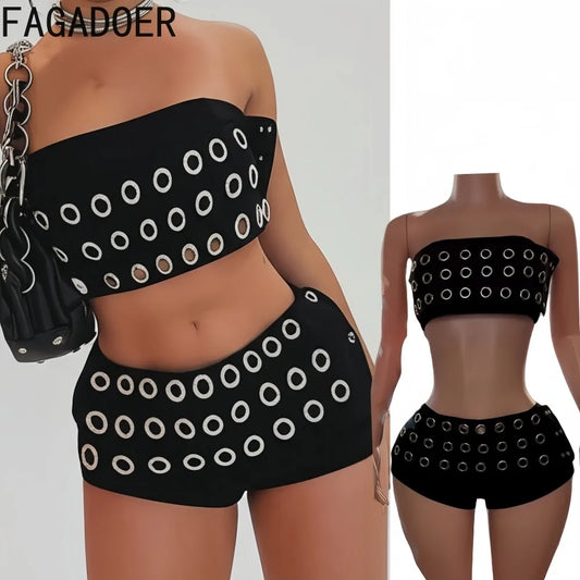 FAGADOER Y2K Sexy Hollow Out Patchwork 2 Pieces Set for Woman Sleeveless Backless Crop Top and Shorts Outfits Female Streetwear