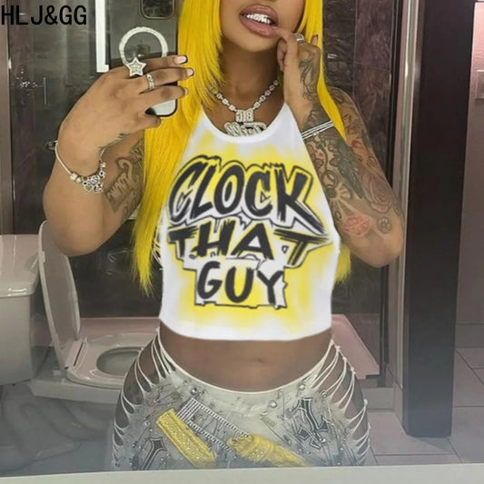 HLJ&GG Y2K Sexy Letter Print Slim Tank Top Women Round Neck Sleeveless Crop Tops Fashion Summer New Trend Clothing Streetwear