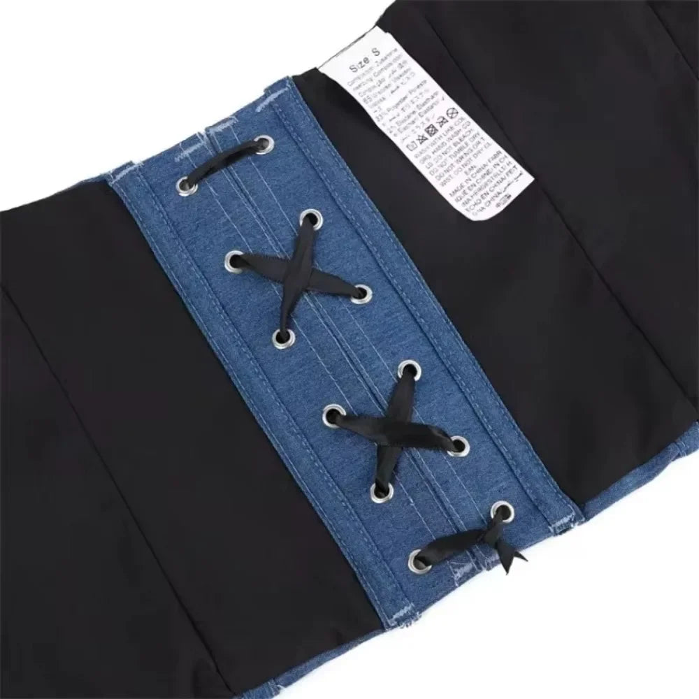 Fashion Denim Corset Crop Tops Female Underwear Backless Body Shaper Short Torso Bustier Vest Blue