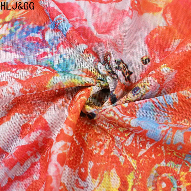 HLJ&GG Sexy Deep V Mesh See Though Bandage Long Dresses Women Tie Dye Print Sleeveless Backless Slim Vestidos Fashion Streetwear