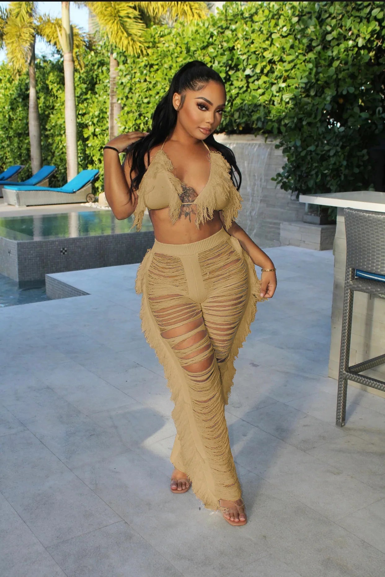 Summer Tassel Club Pants Outfits Set Sexy Women Backless Two Pieces Party Matching Set Top+Hollow Out Pants
