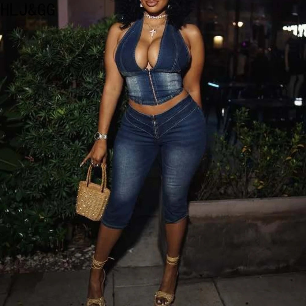 HLJ&GG Blue Fashion jeans Halter Two Piece Sets Women Sleeveless Backless Slim Crop Top And Skinny Jean Pants Outfits Streetwear