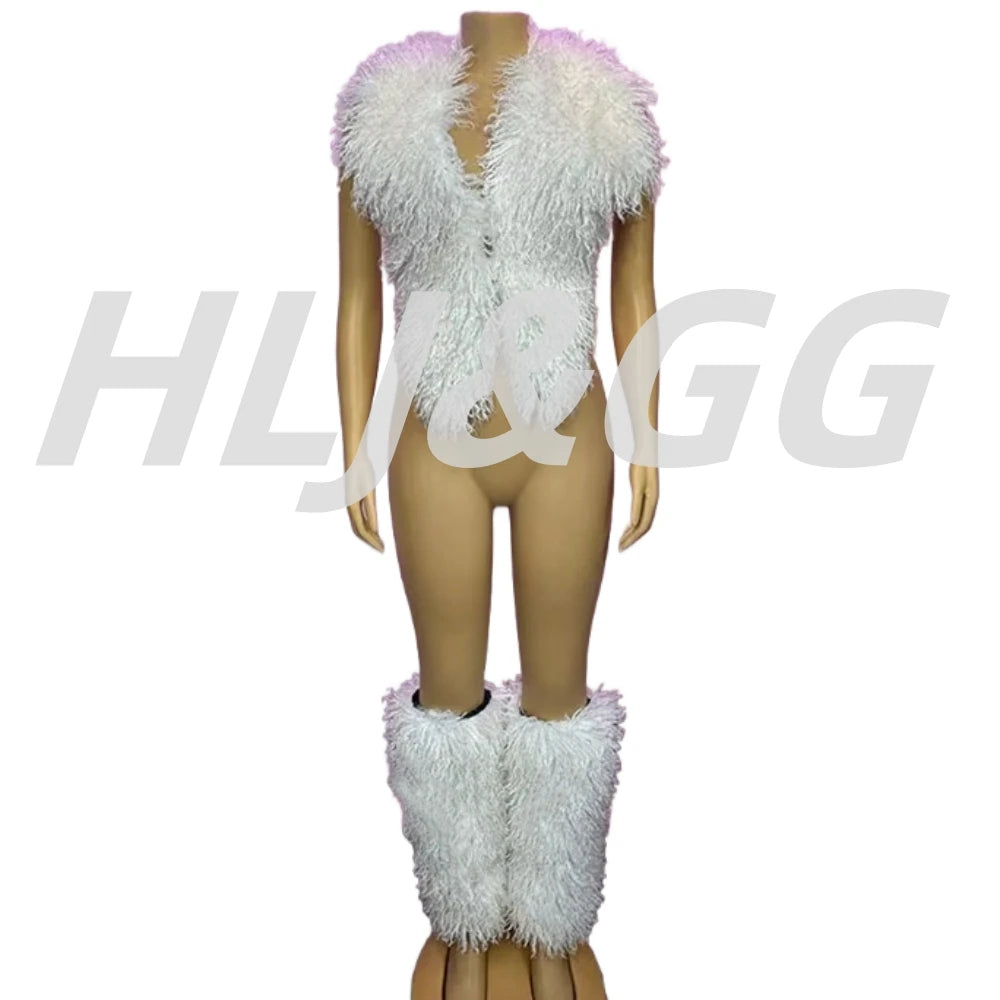 HLJ&GG Trend Y2K Two Piece Sets Women Fur Feather Halter Waistcoat Fashion Backless Lace Up Legs Cover Streetwear Clothing 2025
