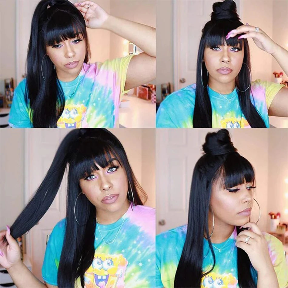 Wiggogo 3X1 Middle Part Lace Wig Bone Straight Human Hair Wig With Bangs Full Machine Made Straight Human Hair Wigs For Women