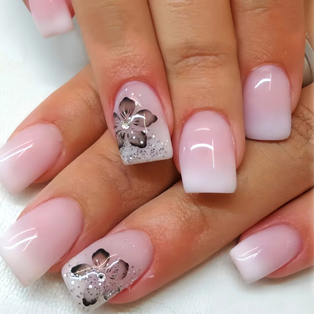 24Pcs Fairy White Flower Fake Nails Pink French Tip Press on Nails Short Square Wearable False Nail for Girls DIY