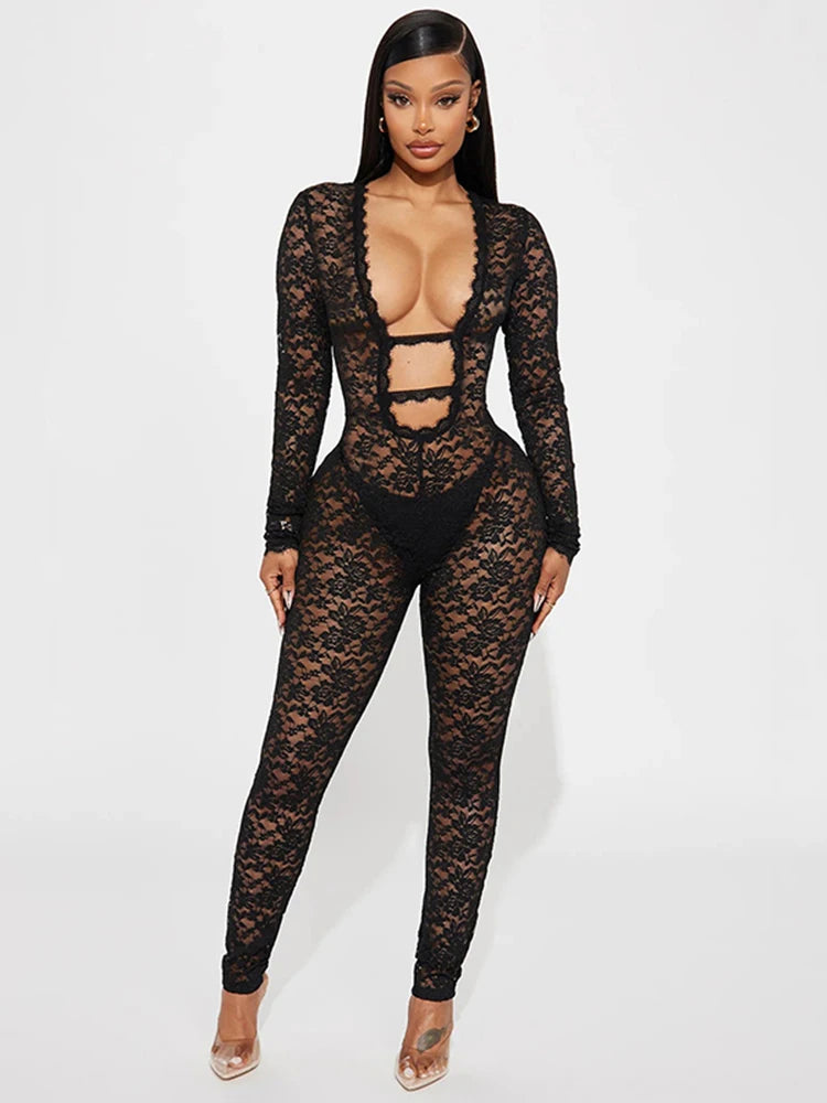 Weird Puss Sexy Jacquard Jumpsuit Women Sexy Mesh Patchwork Low-Neck Hollow Full Sleeve Skinny Midnight Party Clubwear Overalls