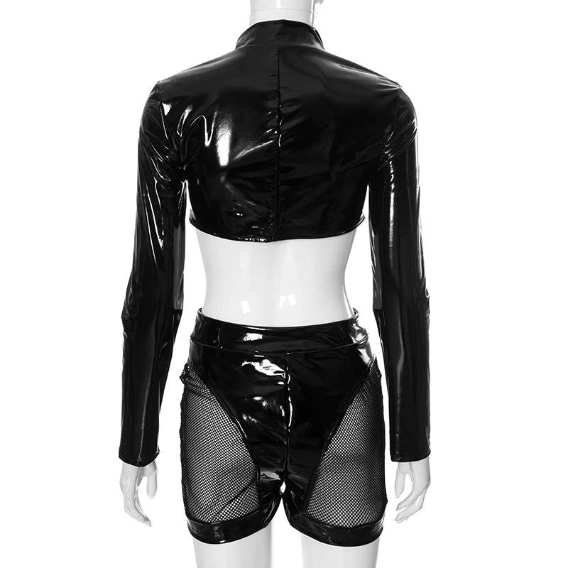 Weird Puss PU Patchwork Sexy 2 Piece Set Women Autumn Hipster Full Zip Crop Jacket+Shorts Matching Clubwear Midnight Outfits