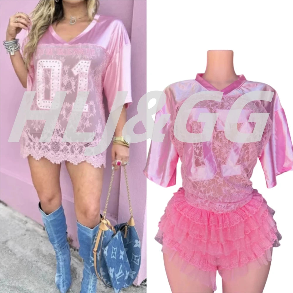 HLJ&GG Y2K Fashion Lace Splicing Letter Two Piece Sets Women V Neck Short Sleeve Loose Top+Mini Ruffle Skirts Outfits Streetwear