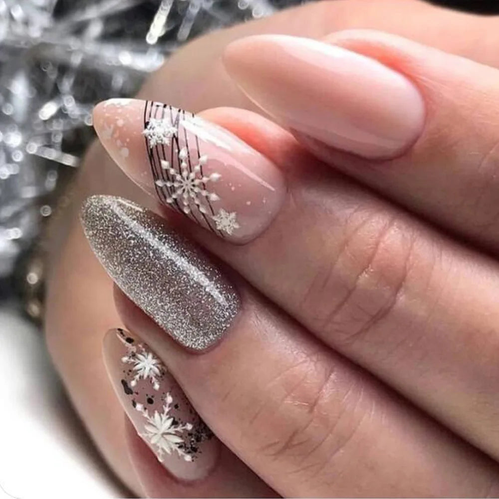 24pcs Glitter Pink Sequins Fake Nails 2025 Halloween Scary Skull Love Print False Nails Wearable European Ballet Press on Nails
