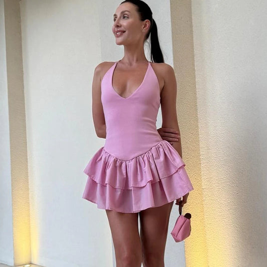 Women's Dresses 2025 Halter Pink Mini Dresses Chic v Neck Layer Ruffles Hem Dress A Line Vestido Summer Ladies Street Party Wear