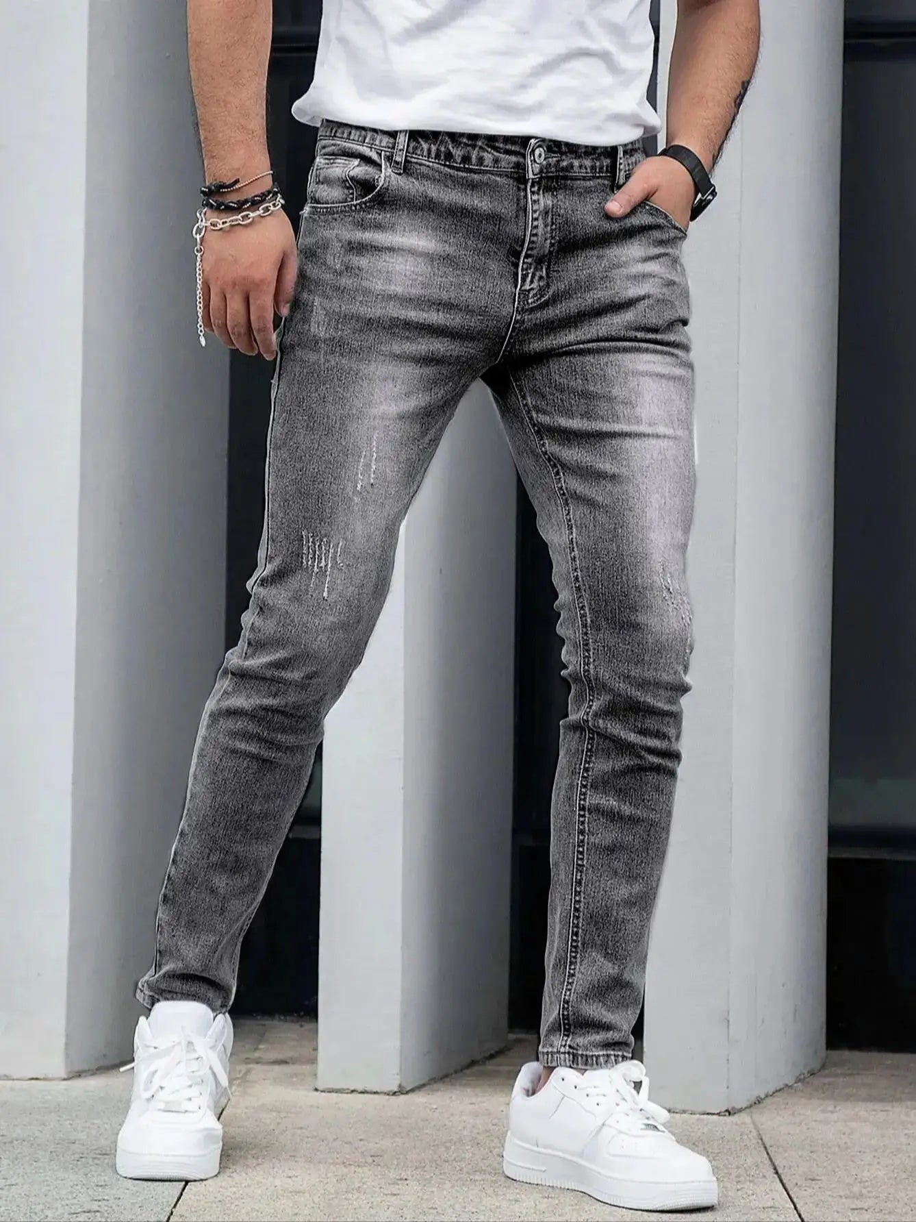 1 Piece of Men's Four-Season Snowflake Washed Fashion Jeans, Stretch Slim Fit Light Gray Dark Black Casual Denim Pants, Normcore and Fashionable, Suitable for Everyday Wear