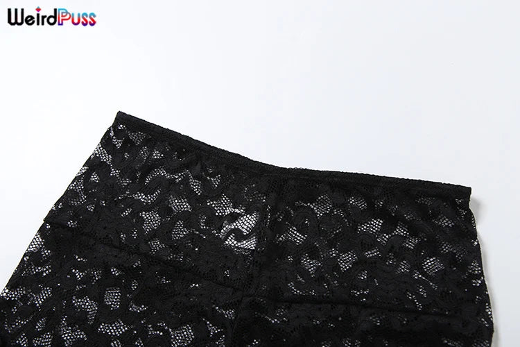 Weird Puss Mesh Sexy Bow 2 Piece Set Summer Women Halter Backless Lace Tank Tops+Shorts Matching Clubwear Coquette Hipster Suits