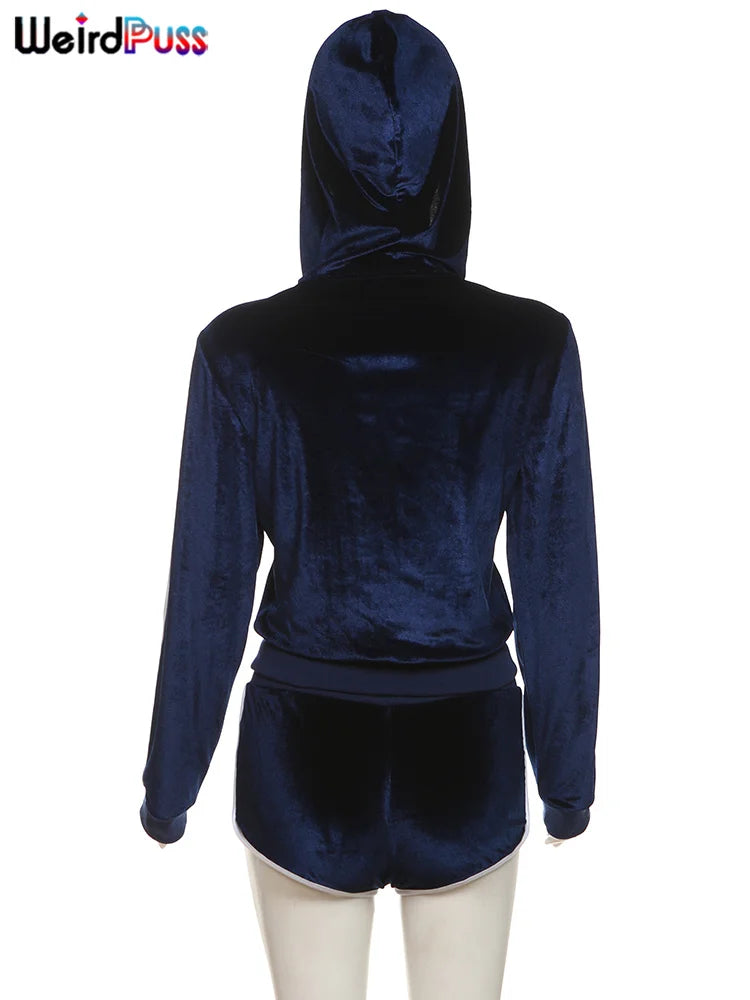 Weird Puss Casual Sporty 2 Piece Set Women Hooded Shirring Zipper Number Print Jacket+Contrast Patchwork Mini Shorts Simple Suit