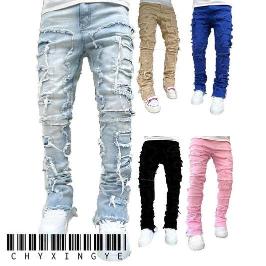 2025 New Men's Stacked Jeans Stretched Patchwork Tassel Damaged Denim Full Length Pants Hip-pop Trousers For Male
