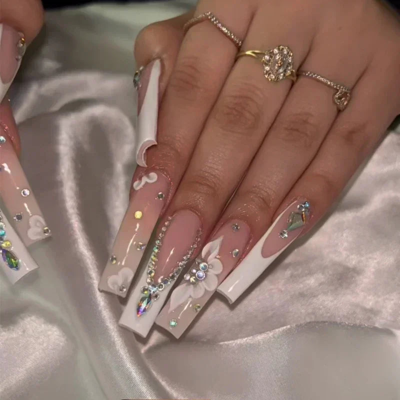24Pcs Shimmery Long Coffin False Nails with Glue Ballerina Nail Design Sweet Fashion French Press on Acrylic Nails Tips