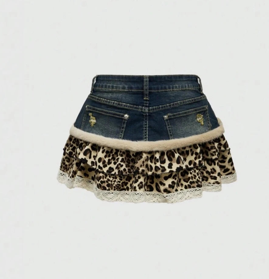 Harajuku Subculture jeans Leopard Print Splicing Y2k Skirt Kawaii Gothic Mini Pleated Skirt Casual Retro Streetwear Skirts Women