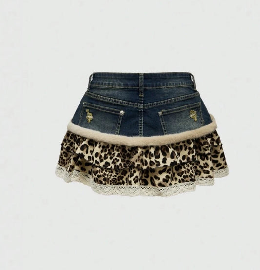 Harajuku Subculture jeans  Leopard Print Splicing Y2k Skirt Kawaii Gothic Mini Pleated Skirt Casual Retro Streetwear Skirts Women